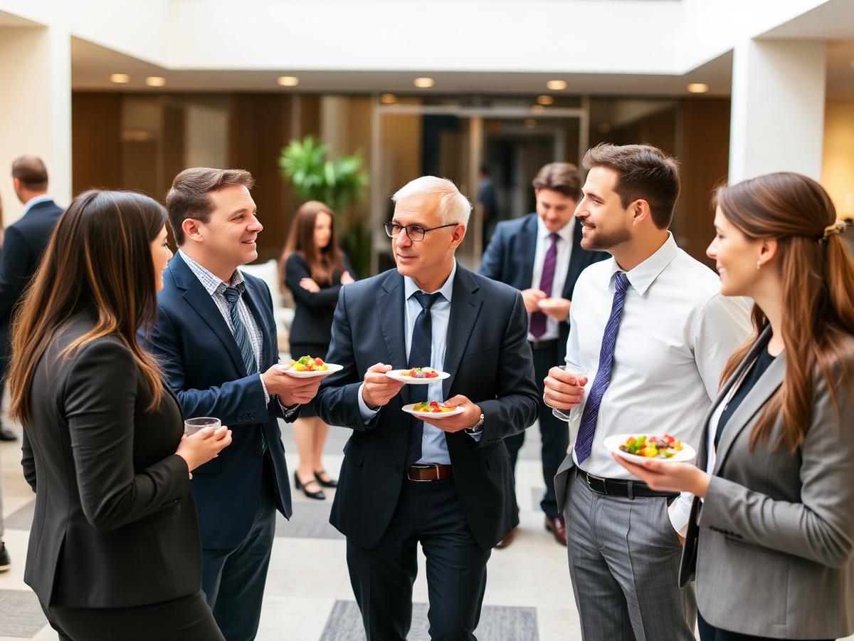 Directivos conversando durante la pausa de una formación con aperitivos
