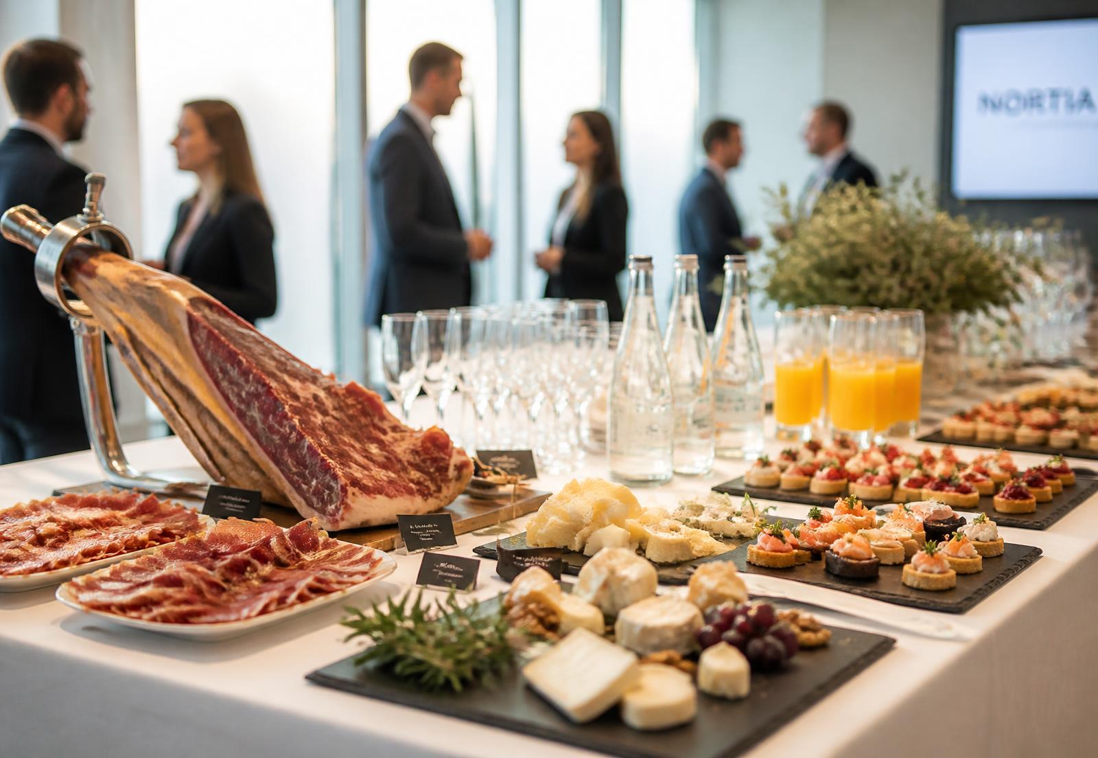 Mesa de picoteo gourmet en la pausa de una formación de directivos