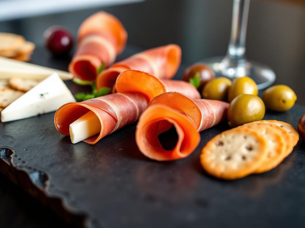 Detalle de jamón ibérico, quesos y aperitivos gourmet sobre pizarra